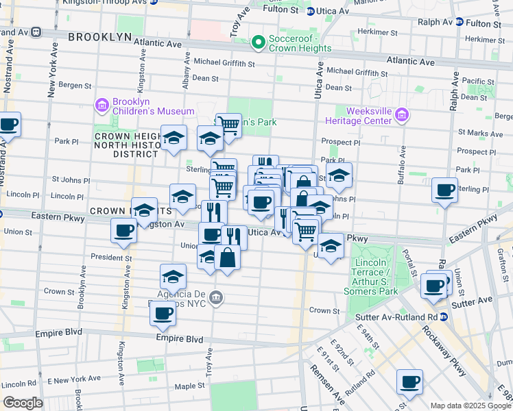 map of restaurants, bars, coffee shops, grocery stores, and more near 1005 Eastern Parkway in Brooklyn