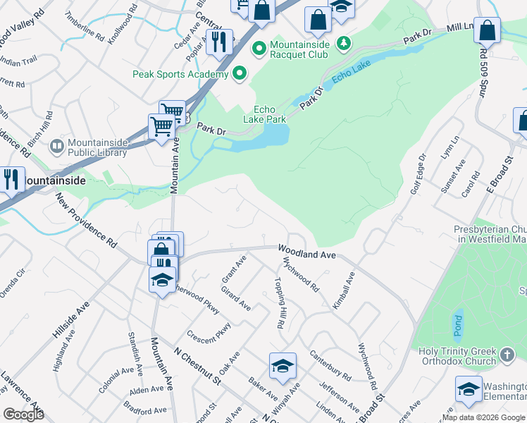 map of restaurants, bars, coffee shops, grocery stores, and more near 1051 Wychwood Road in Westfield