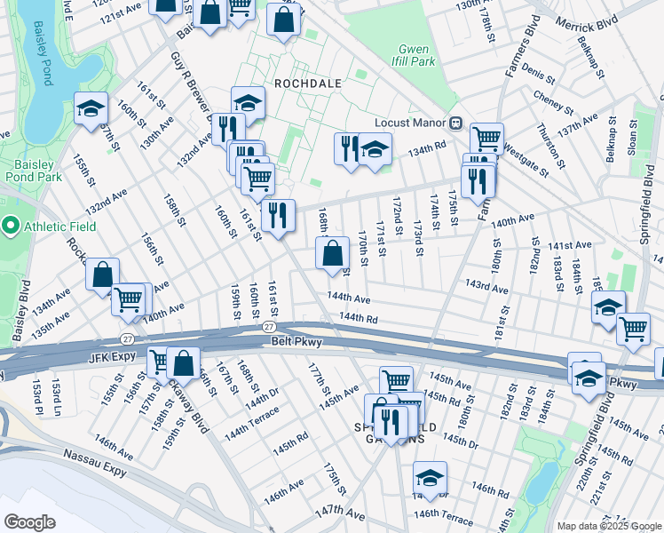 map of restaurants, bars, coffee shops, grocery stores, and more near 140-23 168th Street in Queens