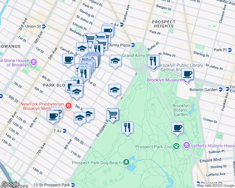 map of restaurants, bars, coffee shops, grocery stores, and more near 45 Prospect Park West in Brooklyn
