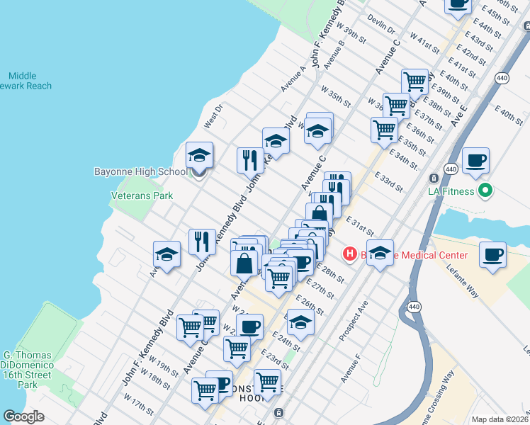 map of restaurants, bars, coffee shops, grocery stores, and more near West 29th Street in Bayonne