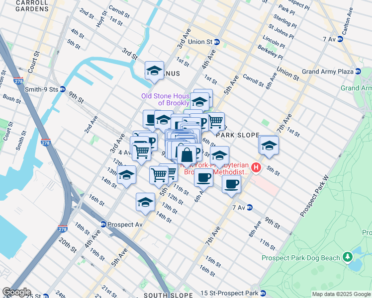 map of restaurants, bars, coffee shops, grocery stores, and more near 416 5th Avenue in Brooklyn