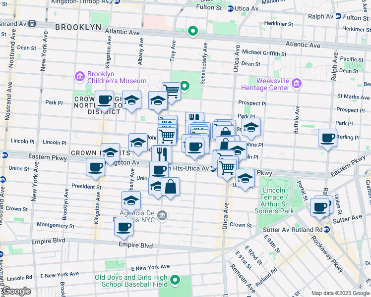 map of restaurants, bars, coffee shops, grocery stores, and more near 1005 Eastern Parkway in Brooklyn