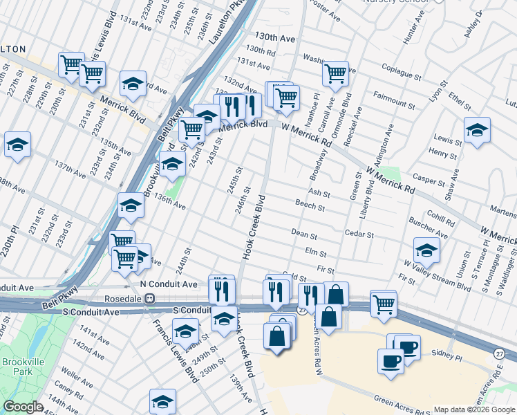 map of restaurants, bars, coffee shops, grocery stores, and more near 135-4 Hook Creek Boulevard in Queens