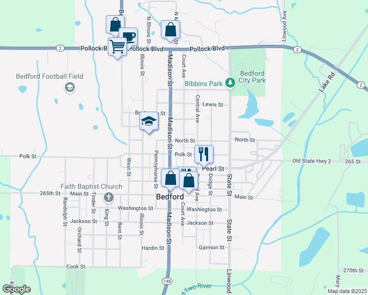 map of restaurants, bars, coffee shops, grocery stores, and more near Court Avenue in Bedford