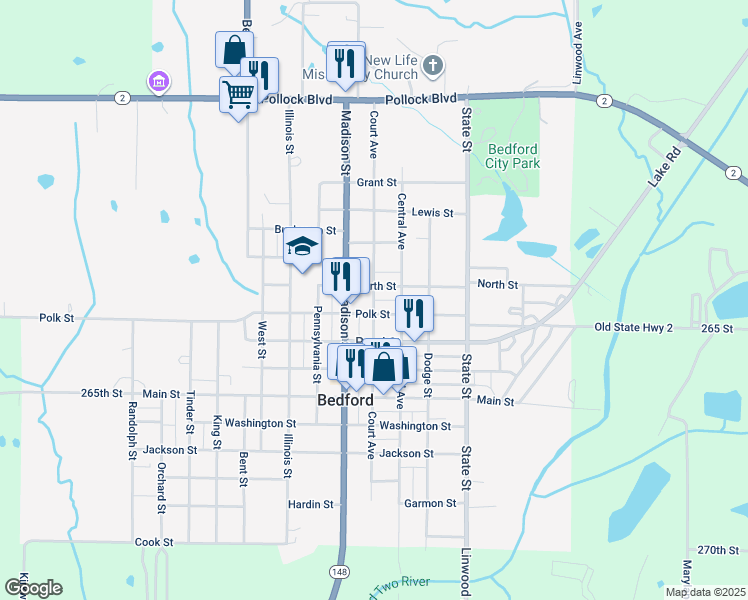 map of restaurants, bars, coffee shops, grocery stores, and more near Court Avenue in Bedford