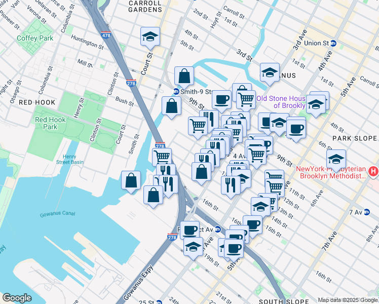 map of restaurants, bars, coffee shops, grocery stores, and more near 13th Street & 2nd Avenue in Brooklyn