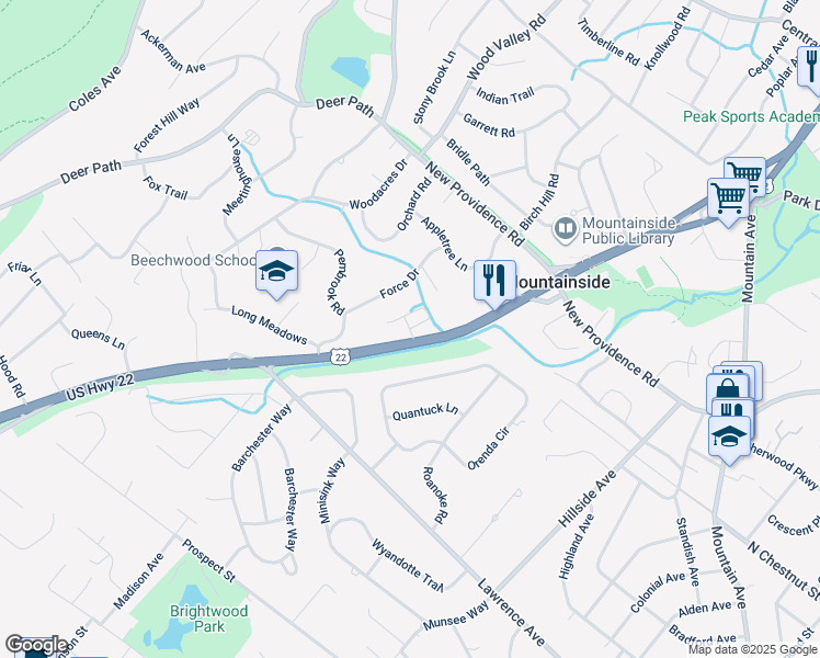 map of restaurants, bars, coffee shops, grocery stores, and more near Alpine Ridge Way in Mountainside