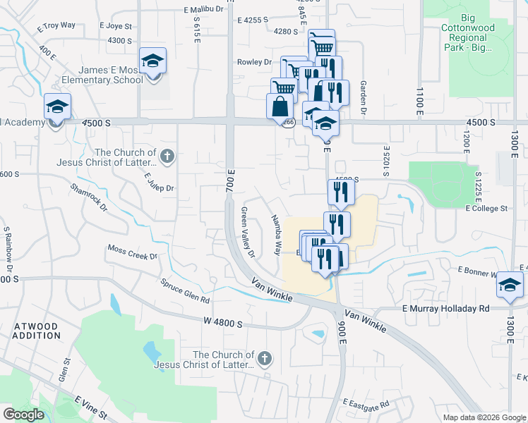 map of restaurants, bars, coffee shops, grocery stores, and more near 4638 South Tina Way in Murray