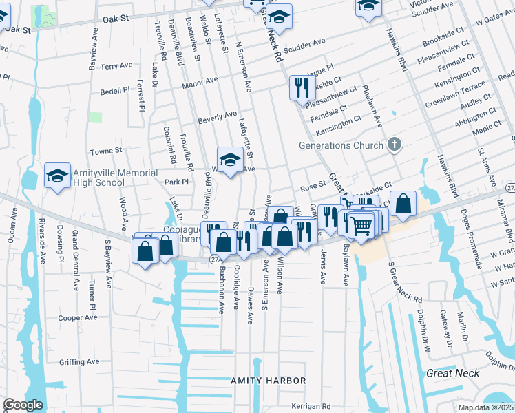 map of restaurants, bars, coffee shops, grocery stores, and more near 46 Lafayette Street in Copiague