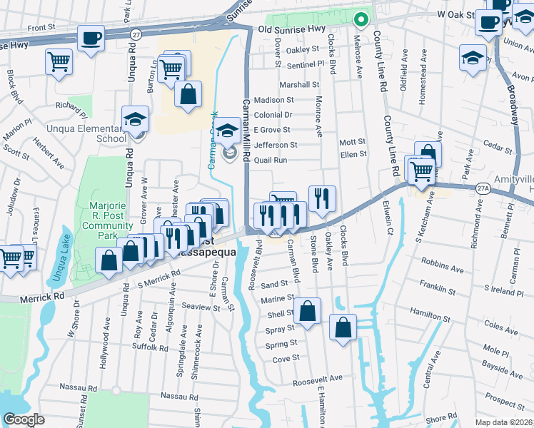 map of restaurants, bars, coffee shops, grocery stores, and more near 5596-5598 Merrick Road in Massapequa