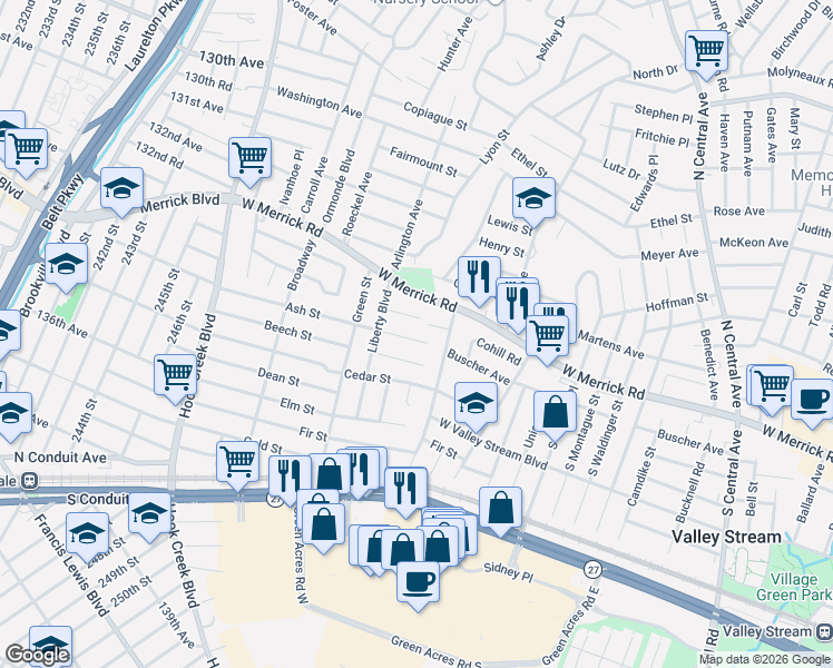 map of restaurants, bars, coffee shops, grocery stores, and more near 43 Orchard Place in Valley Stream