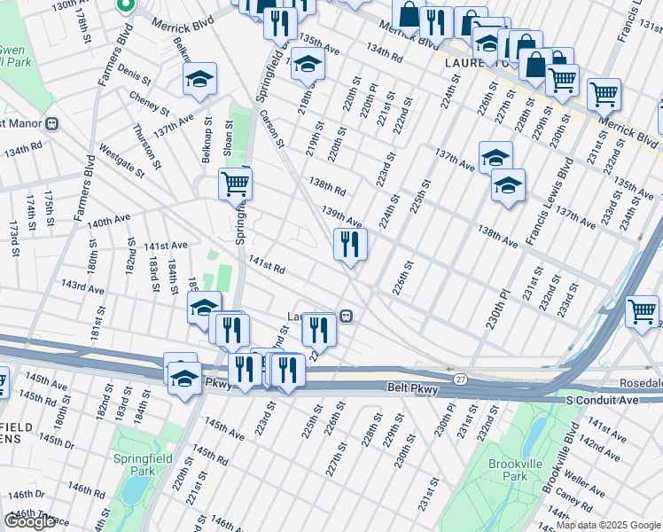 map of restaurants, bars, coffee shops, grocery stores, and more near 222-29 141st Road in Queens