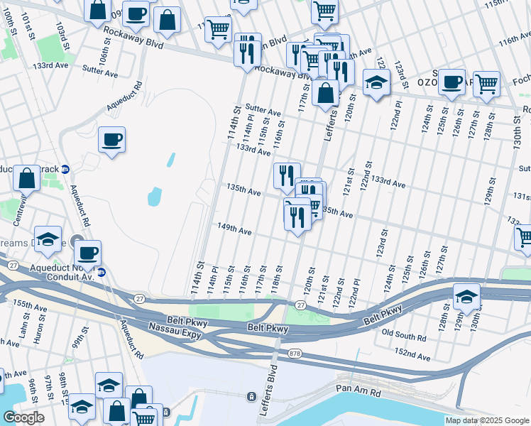 map of restaurants, bars, coffee shops, grocery stores, and more near 116-03 149th Avenue in Queens