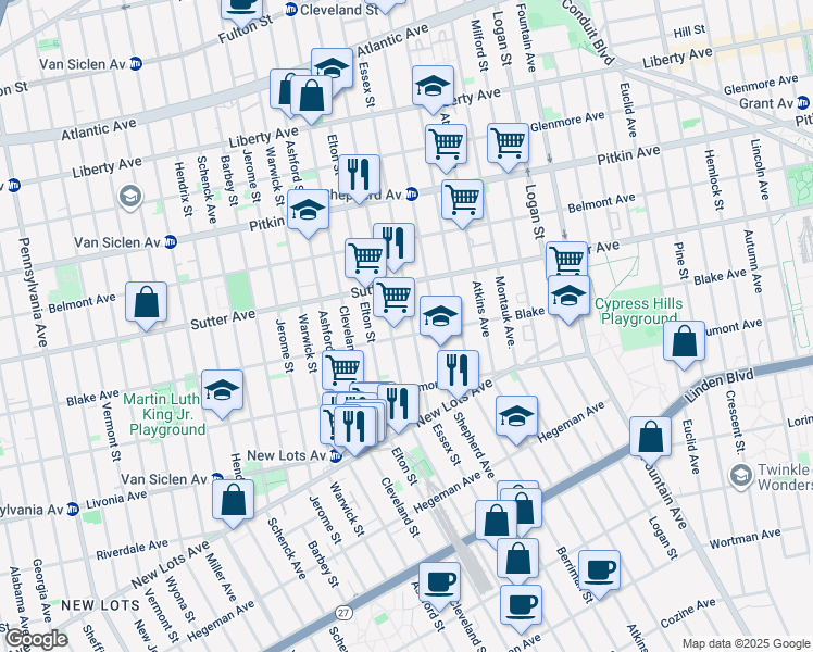 map of restaurants, bars, coffee shops, grocery stores, and more near 627 Linwood Street in Brooklyn