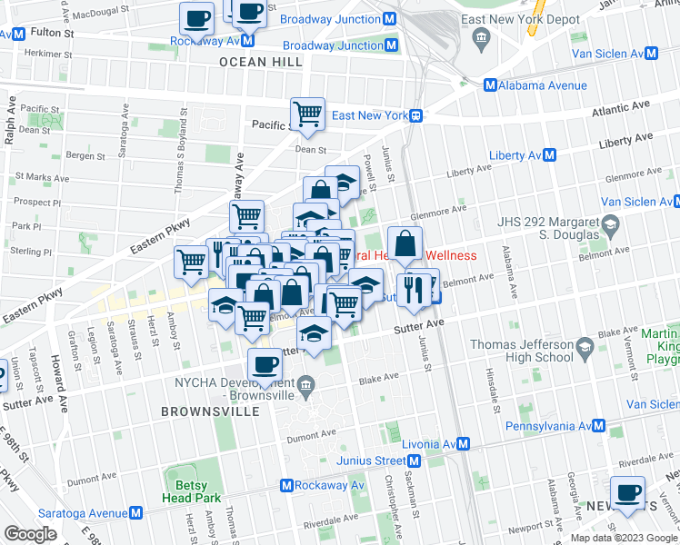 map of restaurants, bars, coffee shops, grocery stores, and more near 393 Mother Gaston Boulevard in Brooklyn