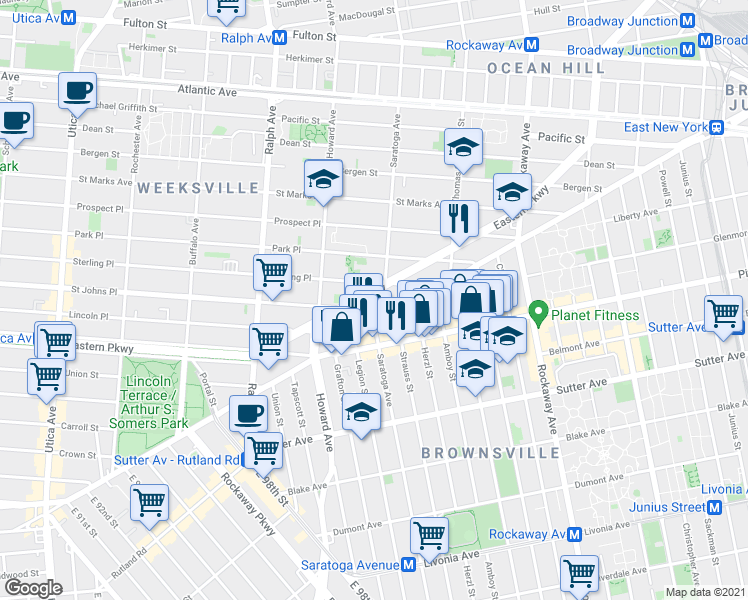 map of restaurants, bars, coffee shops, grocery stores, and more near 1358 East New York Avenue in Brooklyn