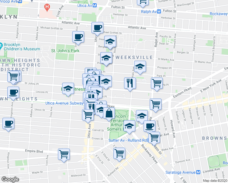 map of restaurants, bars, coffee shops, grocery stores, and more near 1482 Lincoln Place in Brooklyn