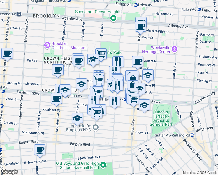 map of restaurants, bars, coffee shops, grocery stores, and more near 1005 Eastern Parkway in Brooklyn