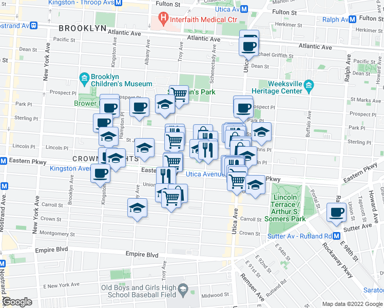 map of restaurants, bars, coffee shops, grocery stores, and more near 1005 Eastern Parkway in Brooklyn