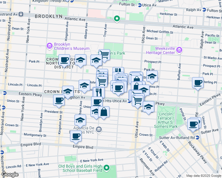 map of restaurants, bars, coffee shops, grocery stores, and more near 1005 Eastern Parkway in Brooklyn