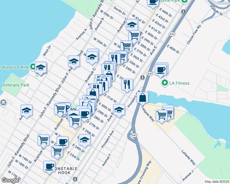 map of restaurants, bars, coffee shops, grocery stores, and more near 26 East 31st Street in Bayonne