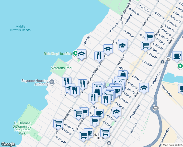 map of restaurants, bars, coffee shops, grocery stores, and more near 97 West 27th Street in Bayonne