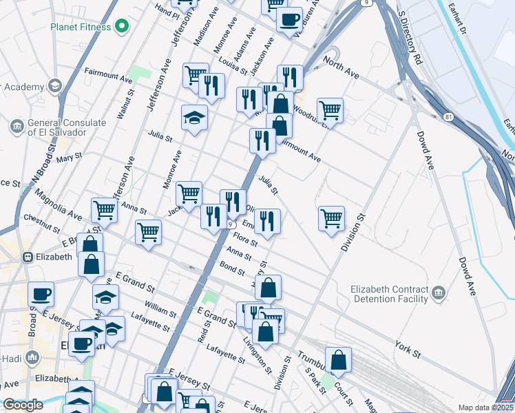 map of restaurants, bars, coffee shops, grocery stores, and more near 922-924 Olive Street in Elizabeth