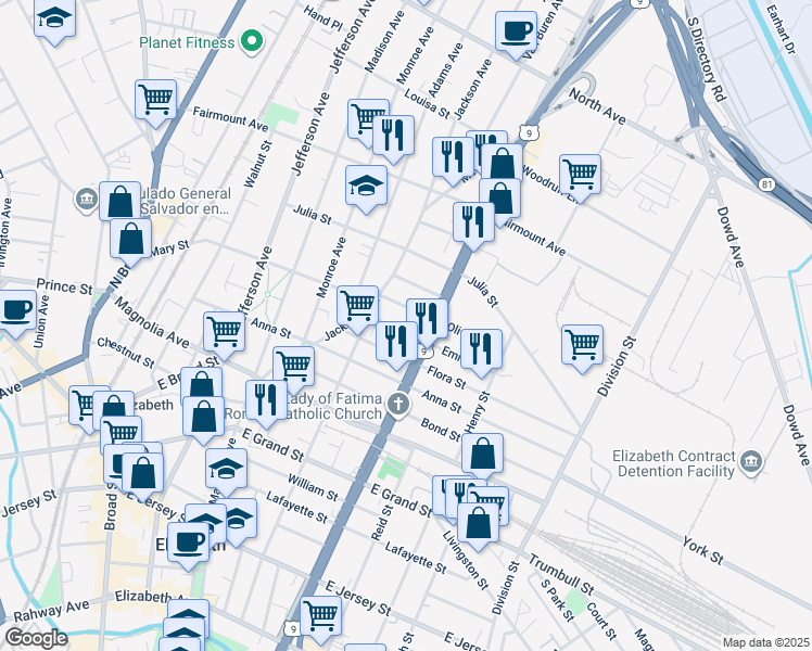 map of restaurants, bars, coffee shops, grocery stores, and more near 1019 Emma Street in Elizabeth