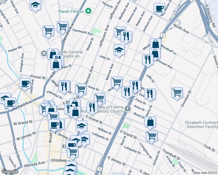 map of restaurants, bars, coffee shops, grocery stores, and more near 1074 Anna Street in Elizabeth