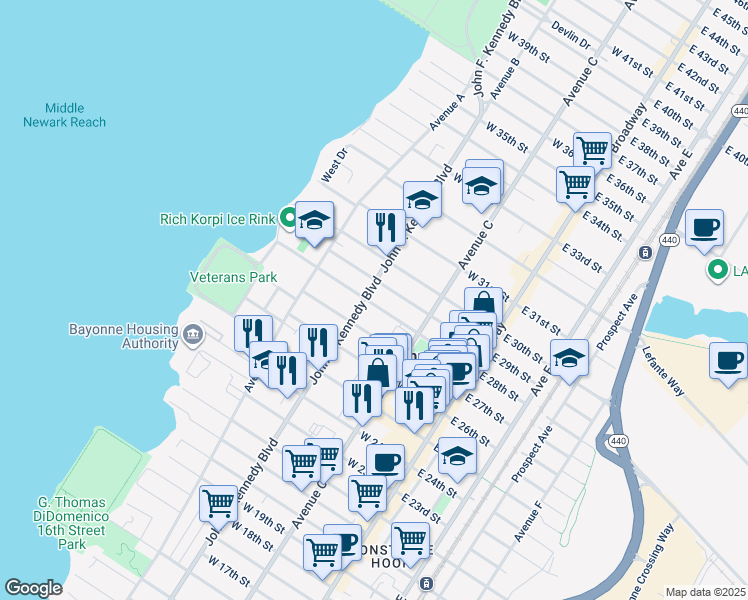 map of restaurants, bars, coffee shops, grocery stores, and more near 97 West 27th Street in Bayonne