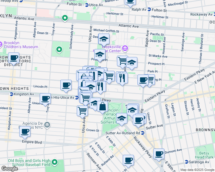 map of restaurants, bars, coffee shops, grocery stores, and more near 1482 Lincoln Place in Brooklyn