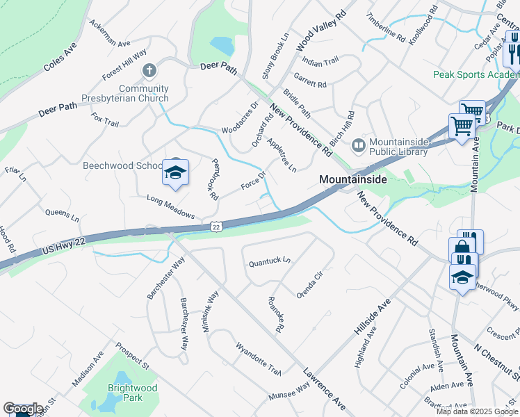 map of restaurants, bars, coffee shops, grocery stores, and more near Alpine Ridge Way in Mountainside