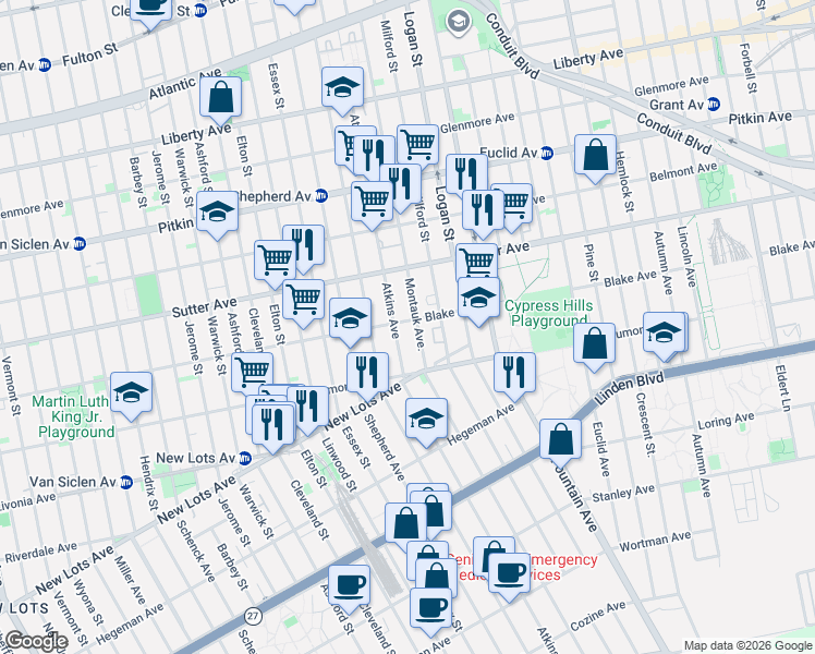 map of restaurants, bars, coffee shops, grocery stores, and more near 372 Atkins Avenue in Brooklyn