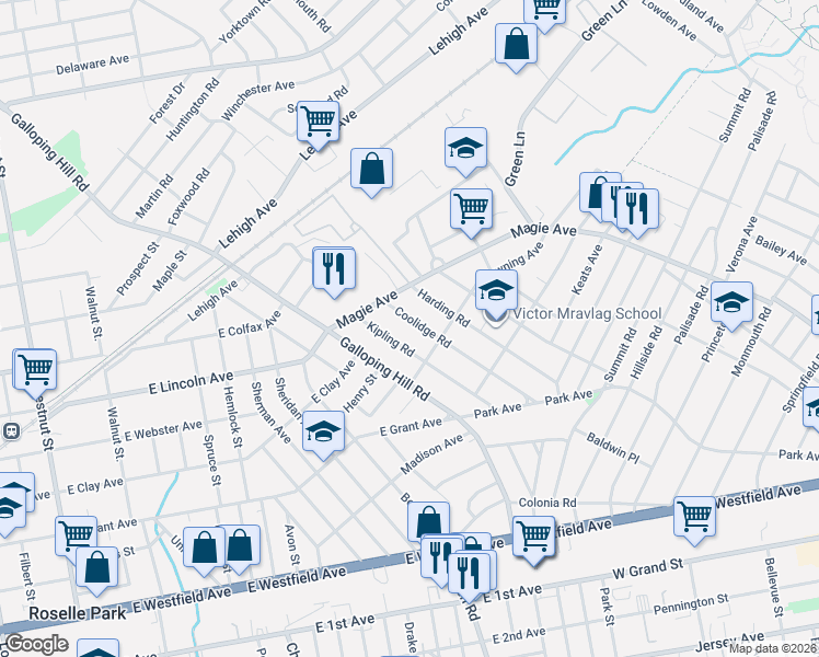 map of restaurants, bars, coffee shops, grocery stores, and more near 1122-1126 Kipling Road in Elizabeth