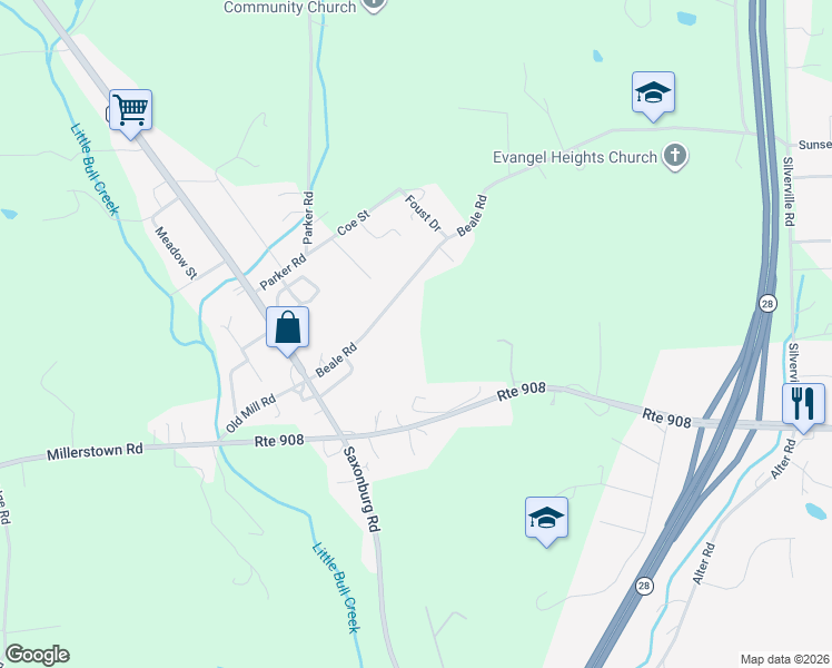 map of restaurants, bars, coffee shops, grocery stores, and more near 182 Beale Road in Sarver