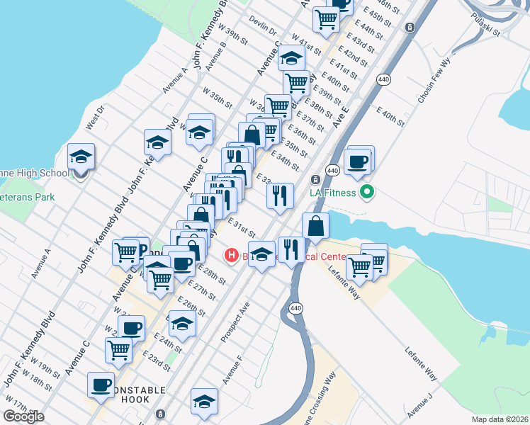 map of restaurants, bars, coffee shops, grocery stores, and more near 44 East 32nd Street in Bayonne
