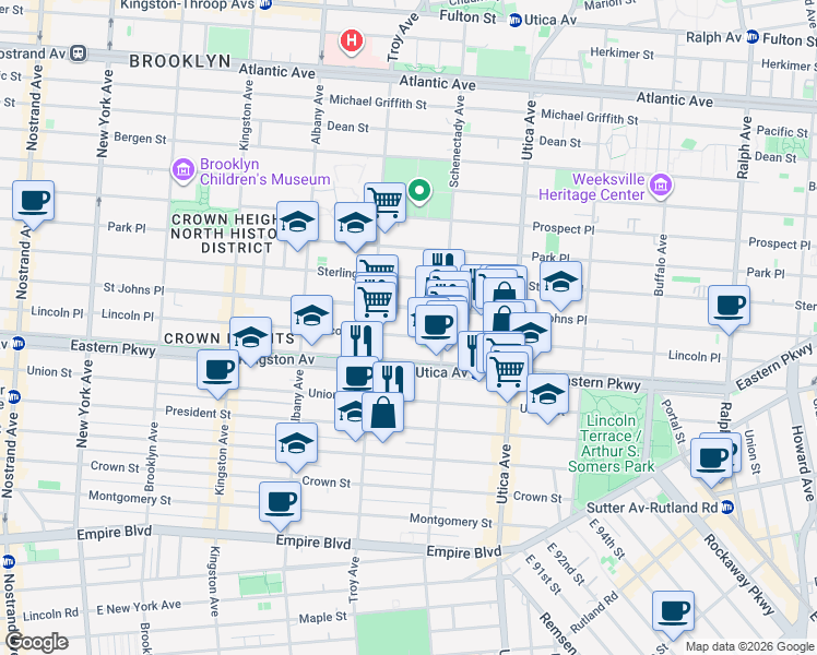 map of restaurants, bars, coffee shops, grocery stores, and more near 1251 Lincoln Place in Brooklyn