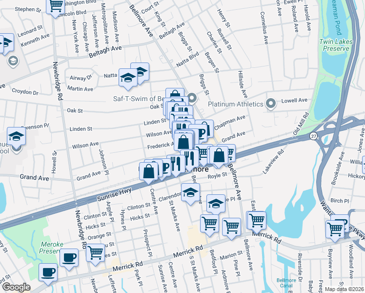 map of restaurants, bars, coffee shops, grocery stores, and more near 214 Pettit Avenue in Bellmore