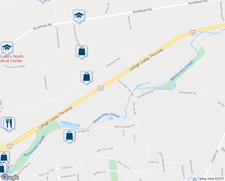 map of restaurants, bars, coffee shops, grocery stores, and more near 3674 Cottage Drive in Bethlehem