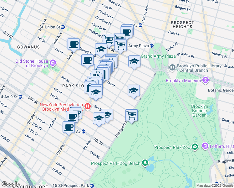 map of restaurants, bars, coffee shops, grocery stores, and more near 214 8th Avenue in Brooklyn