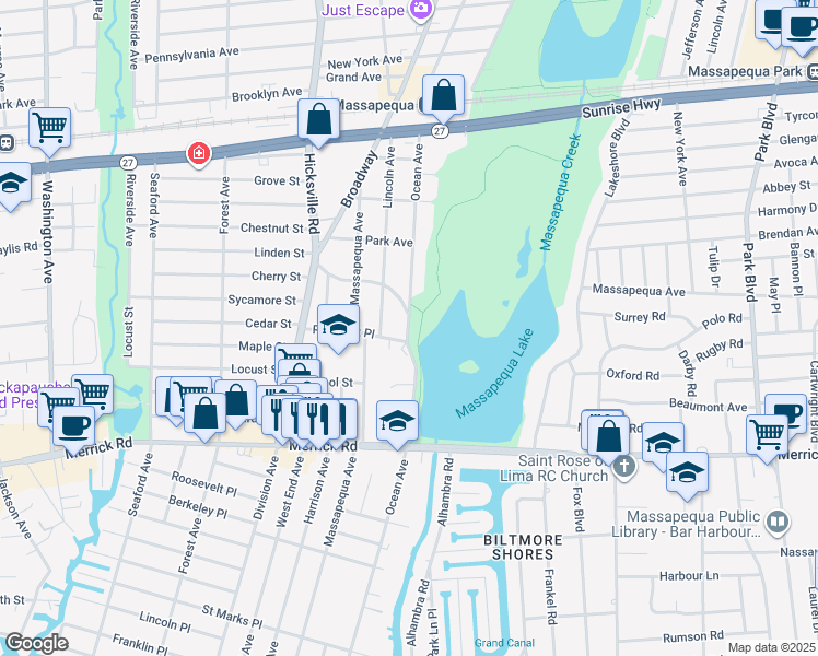 map of restaurants, bars, coffee shops, grocery stores, and more near 353 Ocean Avenue in Massapequa