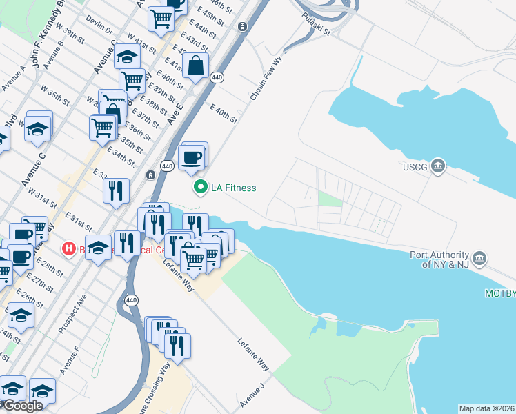 map of restaurants, bars, coffee shops, grocery stores, and more near Port Terminal Boulevard in Bayonne