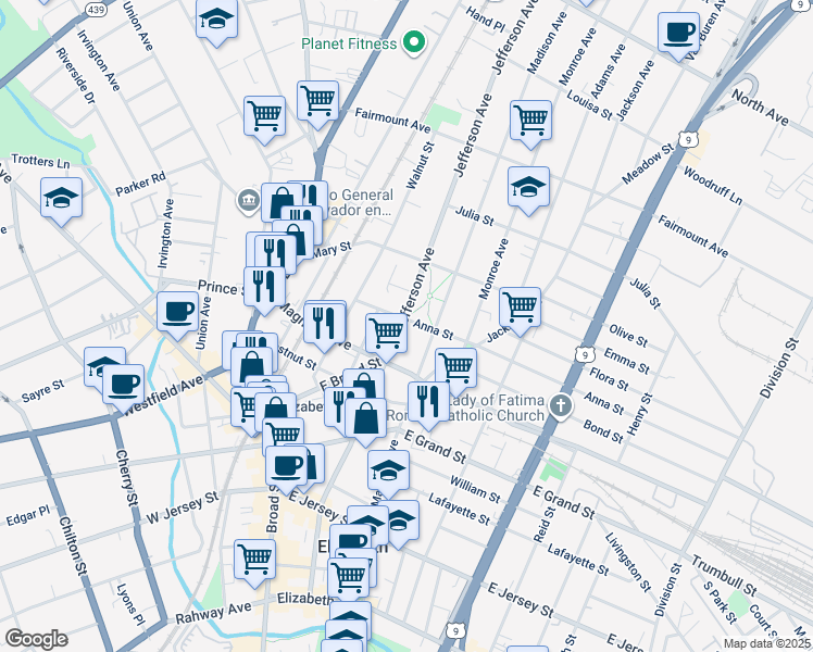 map of restaurants, bars, coffee shops, grocery stores, and more near 415 Jefferson Avenue in Elizabeth