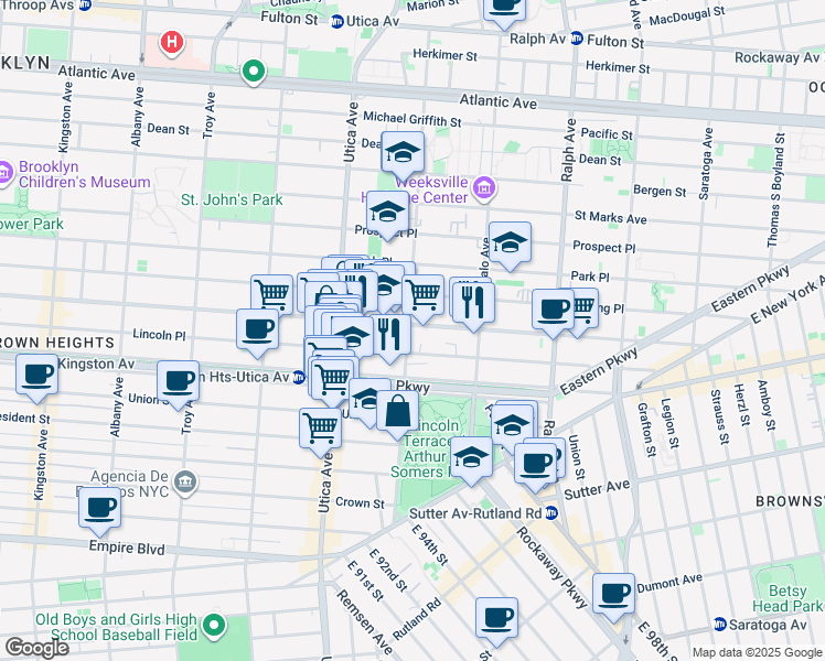 map of restaurants, bars, coffee shops, grocery stores, and more near 1482 Lincoln Place in Brooklyn