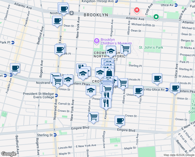 map of restaurants, bars, coffee shops, grocery stores, and more near 733 Eastern Parkway in Brooklyn