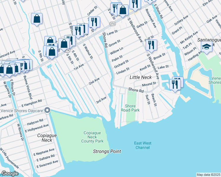 map of restaurants, bars, coffee shops, grocery stores, and more near 864 South Walnut Street in Lindenhurst
