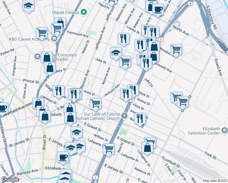 map of restaurants, bars, coffee shops, grocery stores, and more near 472 Catherine Street in Elizabeth