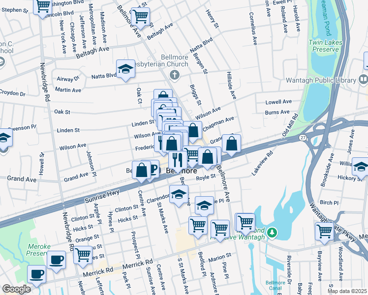 map of restaurants, bars, coffee shops, grocery stores, and more near 2729 Grand Avenue in Bellmore