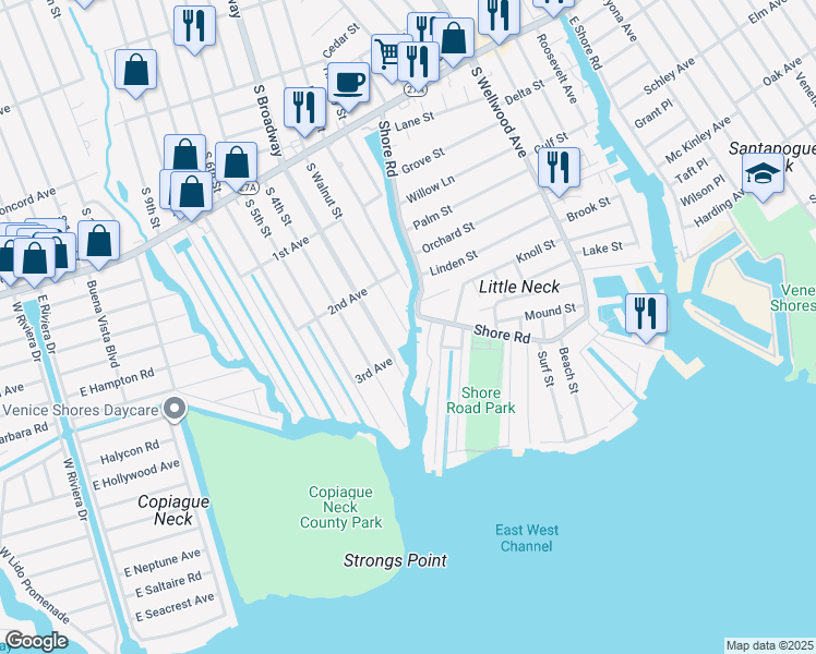 map of restaurants, bars, coffee shops, grocery stores, and more near 720 Shore Road in Lindenhurst